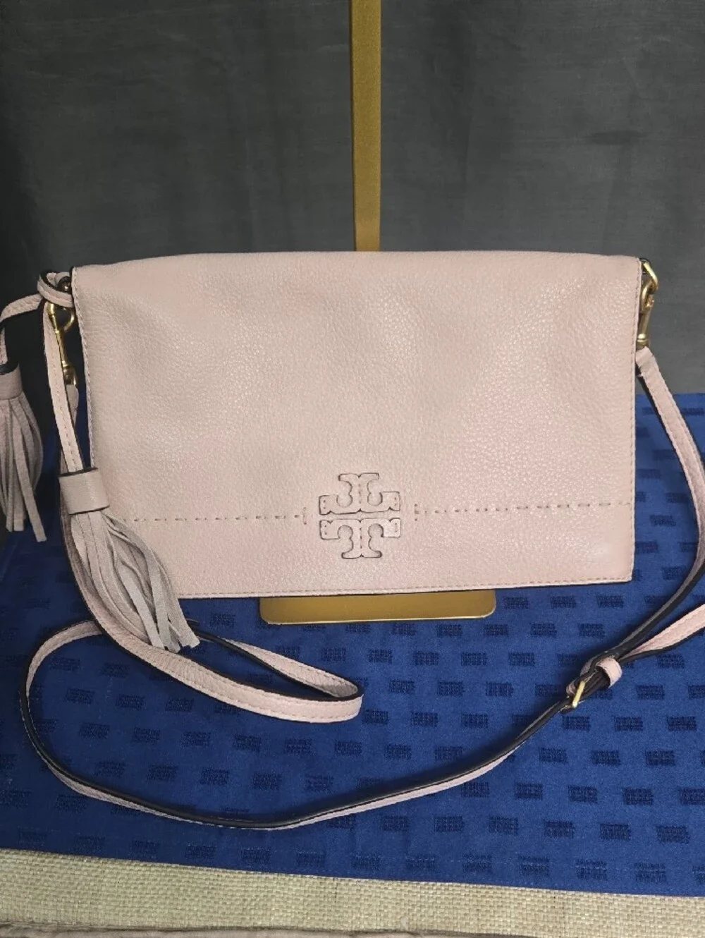 Tory Burch Light Pink McGraw Foldover Pebbled Leather Crossbody with Tassel